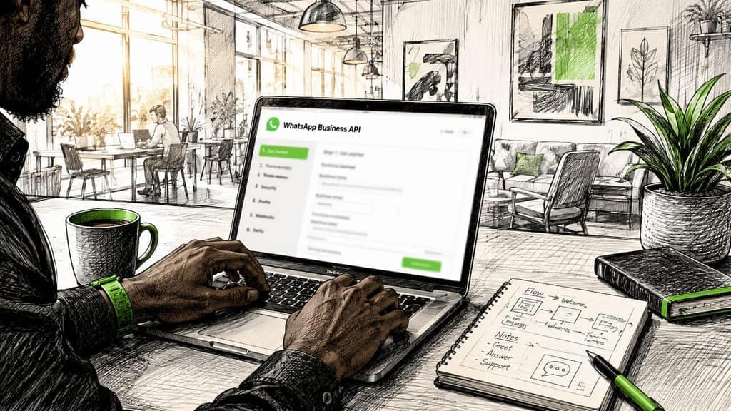 Hands typing WhatsApp Business API configuration code