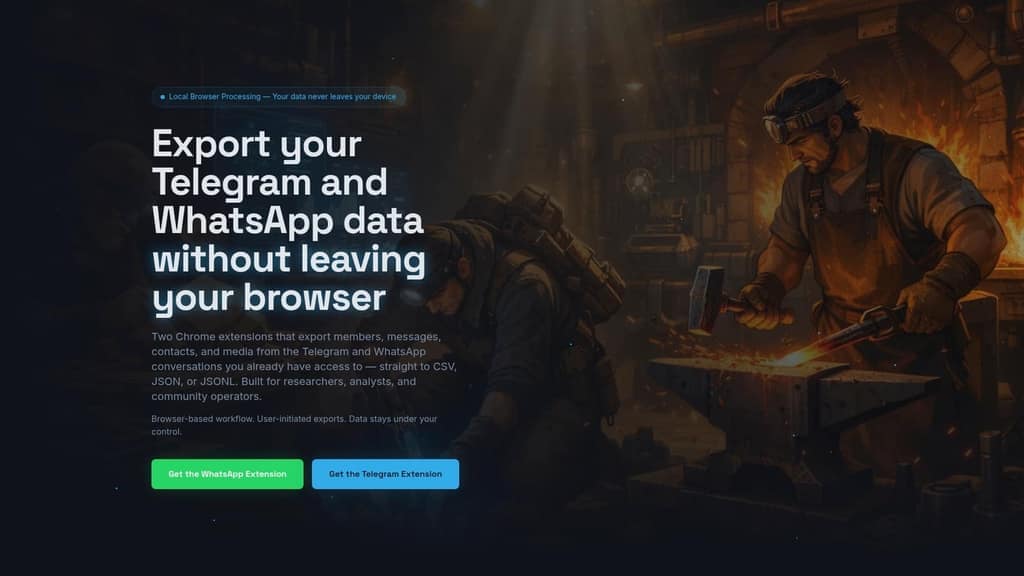The Mastros homepage: "Export your Telegram and WhatsApp data without leaving your browser", with install buttons for the WhatsApp and Telegram extensions