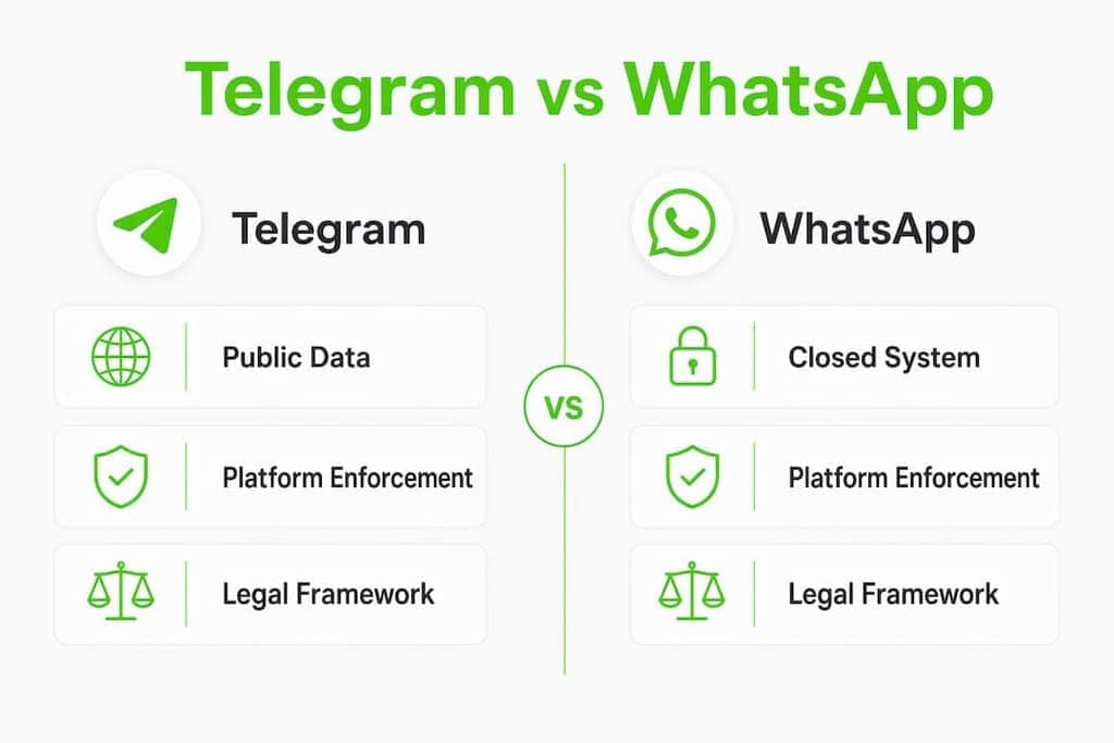 Infographic comparing Telegram and WhatsApp scraping legality
