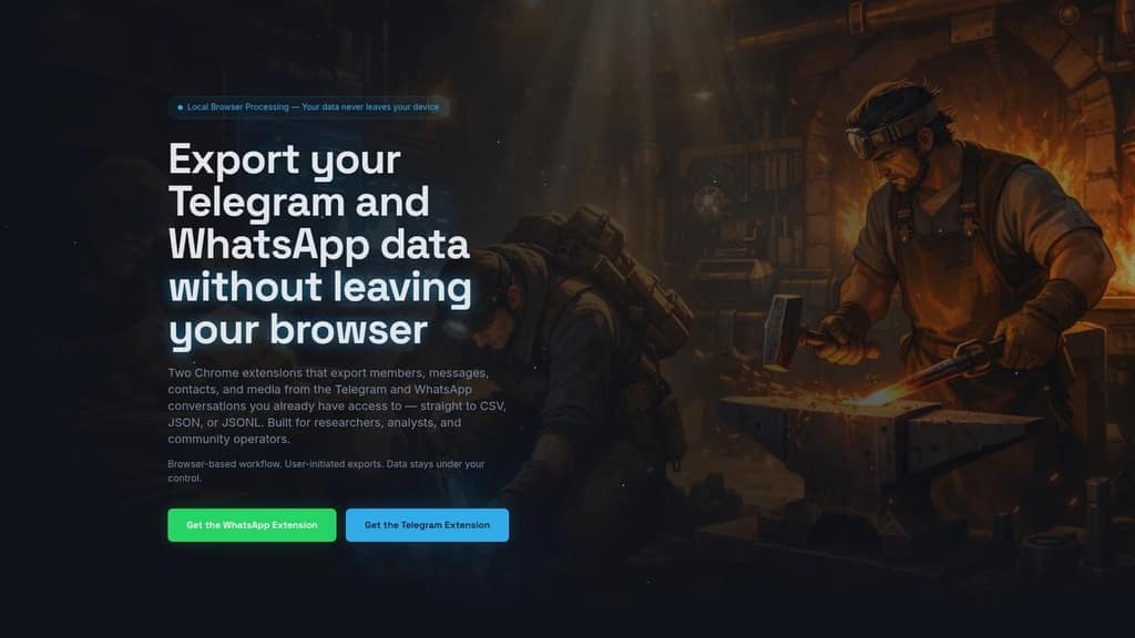 The Mastros homepage: "Export your Telegram and WhatsApp data without leaving your browser", with install buttons for the WhatsApp and Telegram extensions