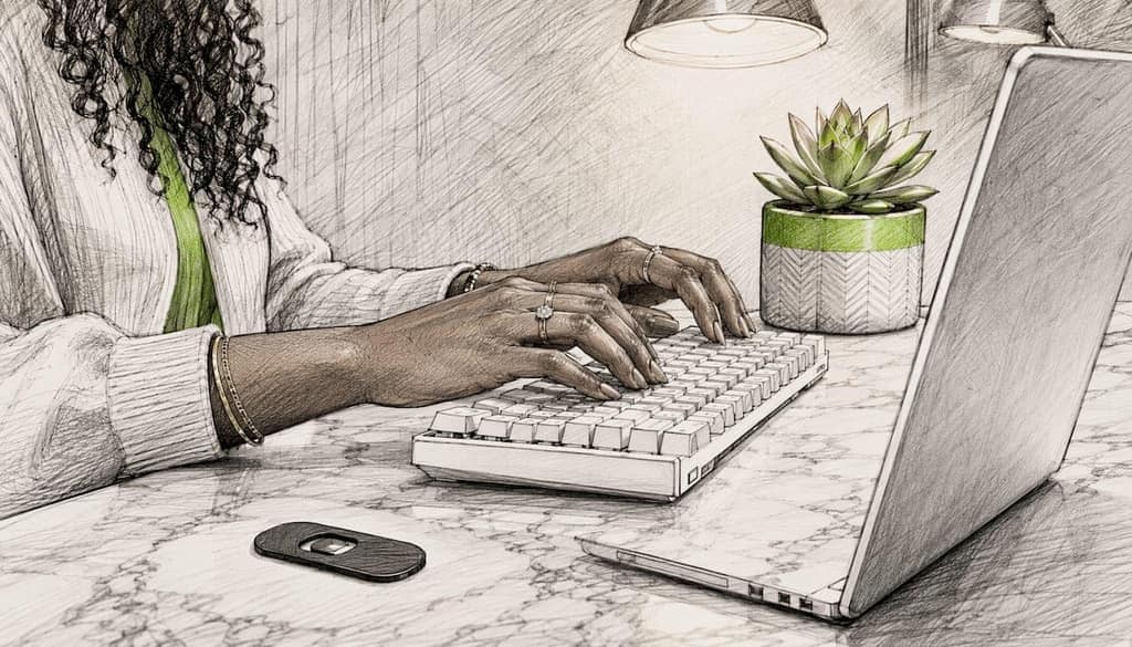 Close-up of hands typing on keyboard with privacy tools nearby