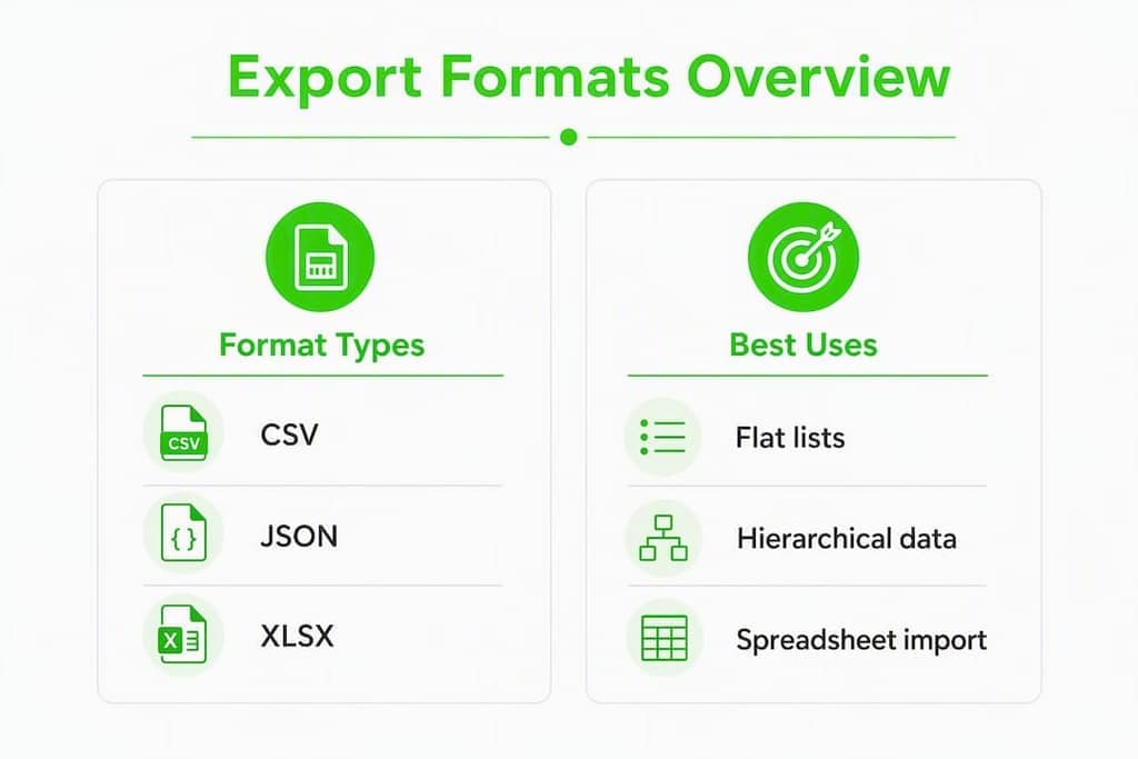 Infographic comparing export formats by type and use