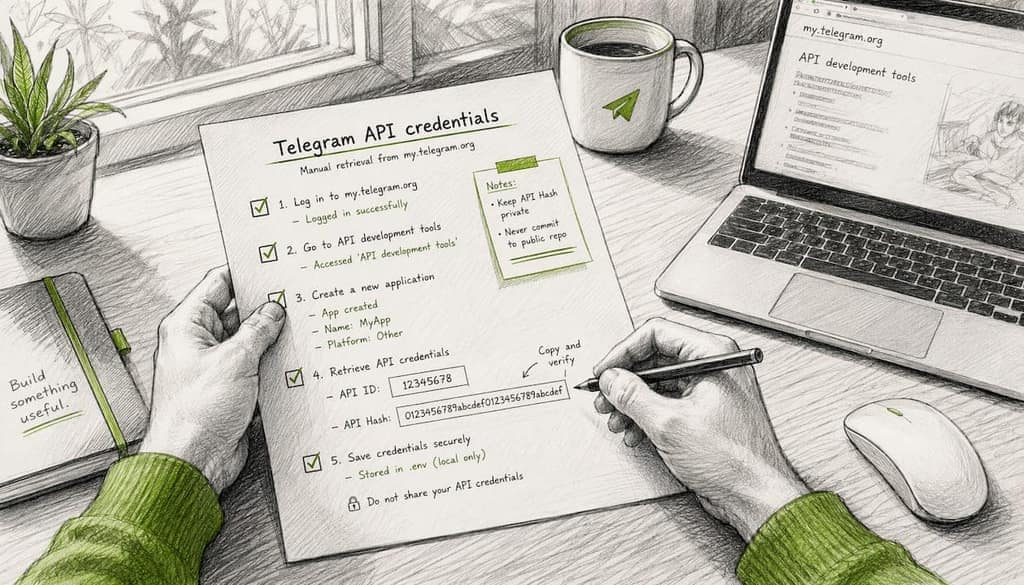 Hands checking Telegram API ID and hash document