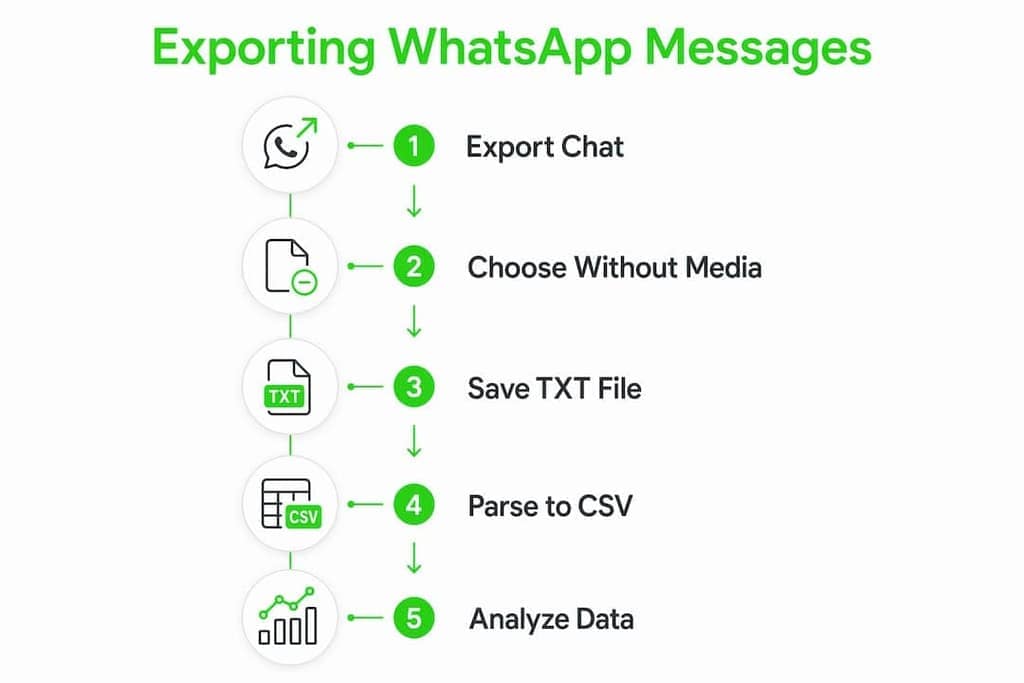 Infographic showing WhatsApp export steps to CSV