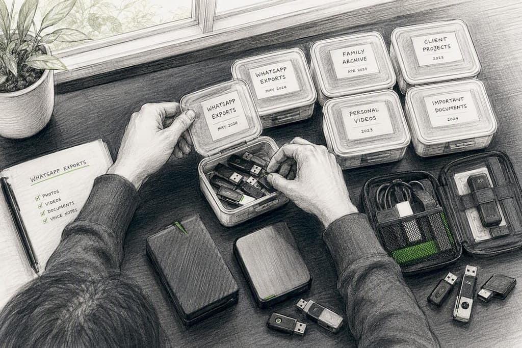 Hands organizing folders for exported media