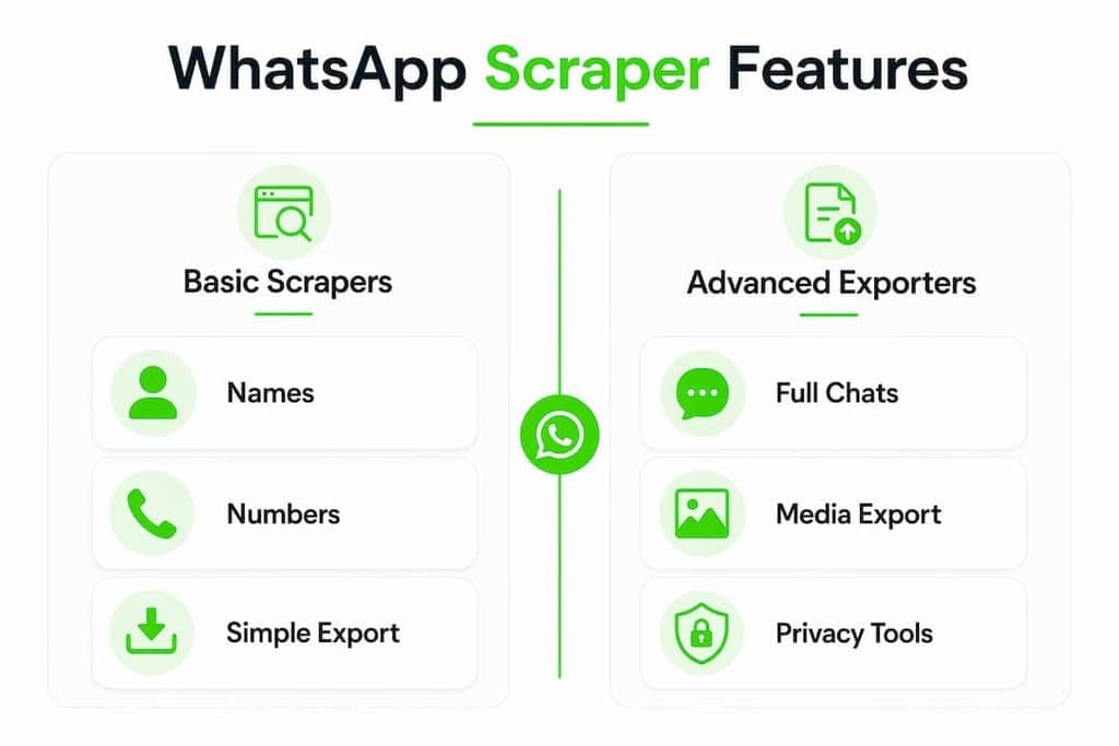 Infographic comparing WhatsApp scraper features basic vs advanced