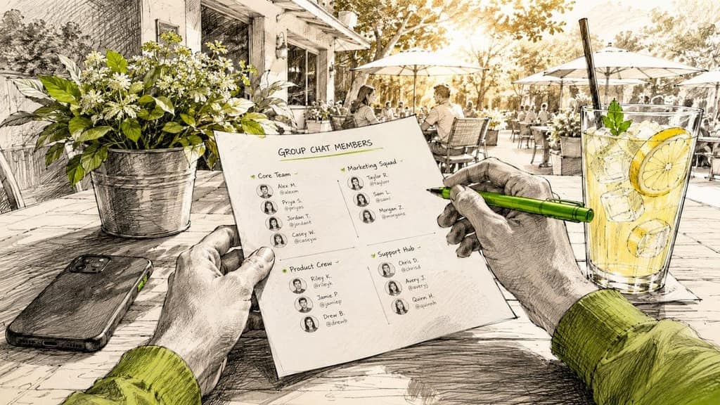 Hands discussing Telegram group member management at café table