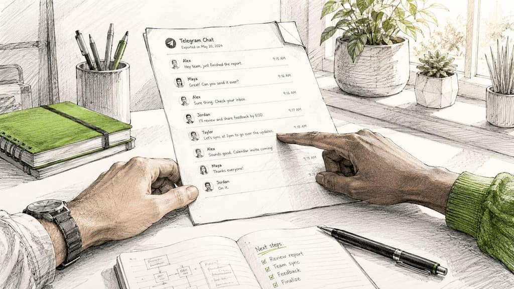 Hands reviewing printed Telegram chat export