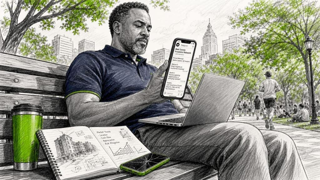 Man engaging with professional Telegram group on laptop