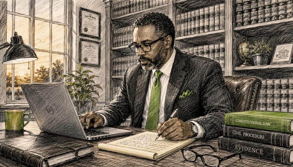Legal expert’s hands typing and taking notes in office