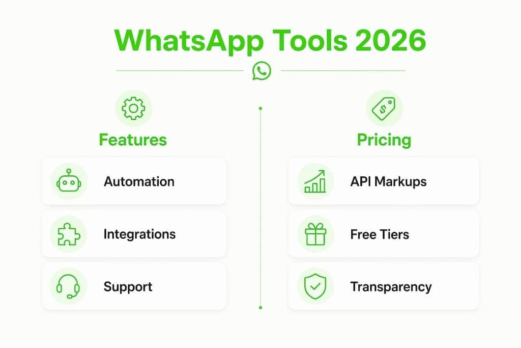 Infographic comparing WhatsApp marketing tool features and pricing