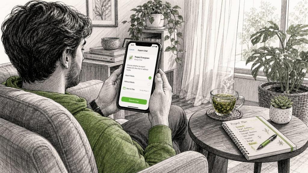 Hands holding iPhone exporting WhatsApp chat