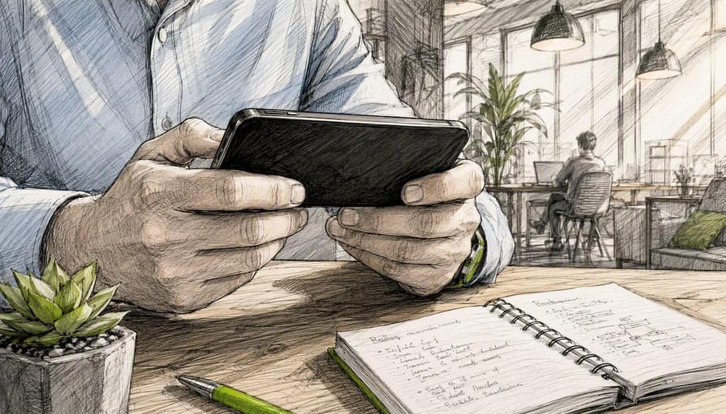 Close-up of hands holding smartphone at cafe table