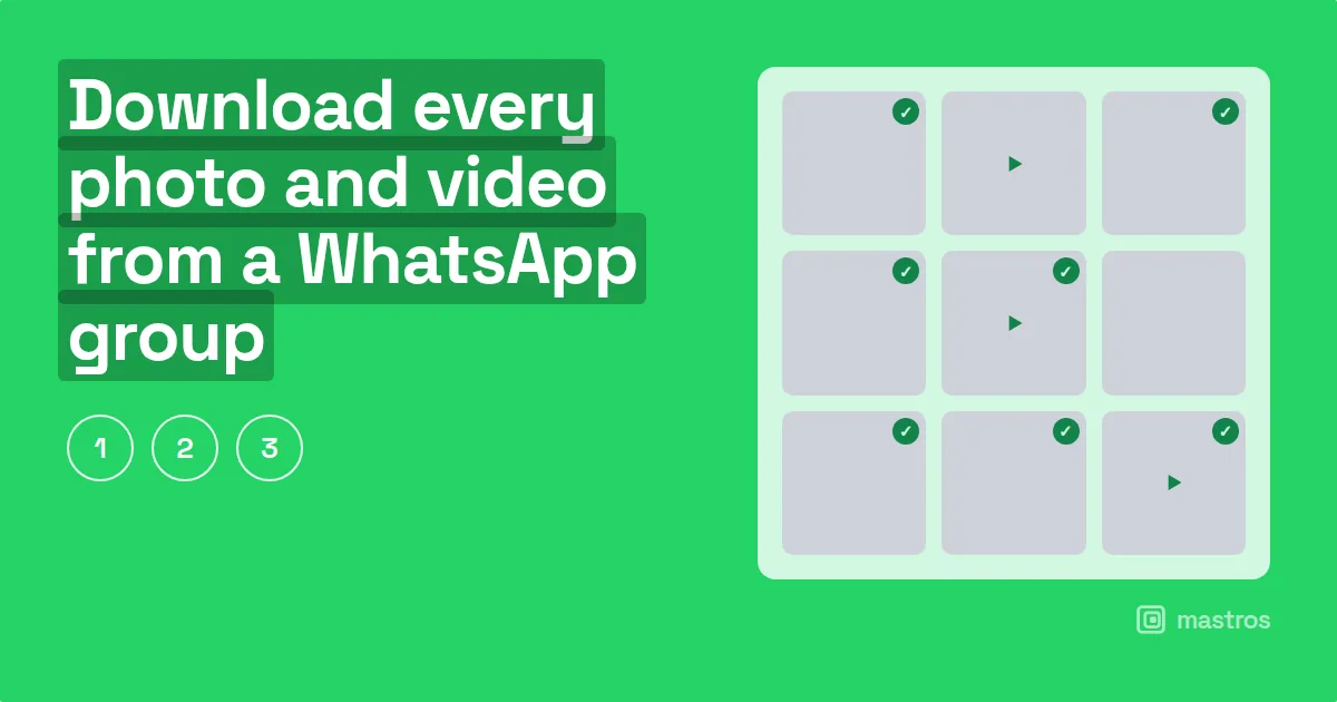 Three numbered methods beside a media picker with photos and videos ticked, for download all whatsapp group photos