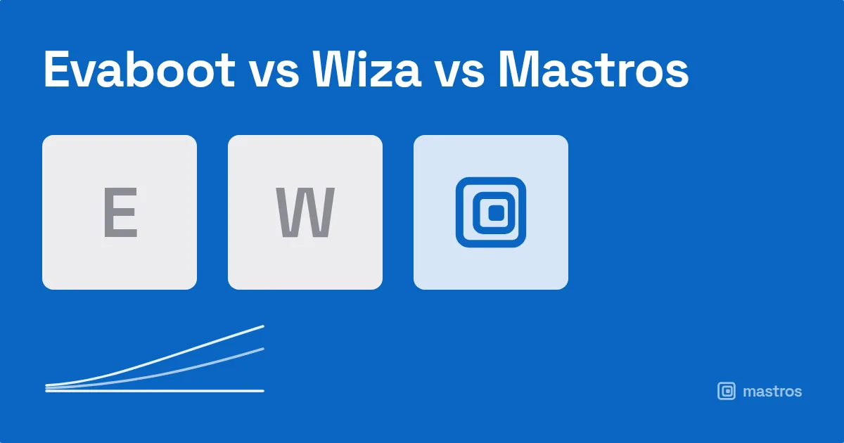 Three tool tiles side by side above a cost-at-volume line graphic, for evaboot vs wiza