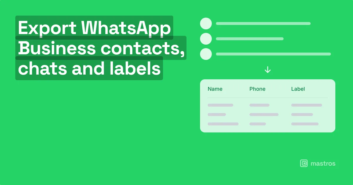 WhatsApp Business Web with labels visible and the Mastros panel open, for whatsapp business export contacts