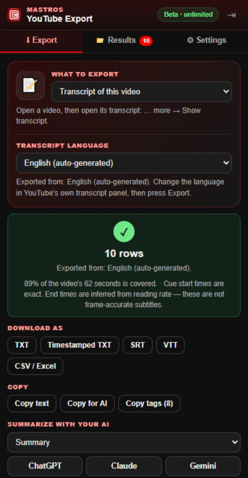 The Mastros YouTube panel after a transcript export: 10 rows from the English auto-generated captions, Download as TXT, Timestamped TXT, SRT, VTT and CSV, Copy text, Copy for AI and Copy tags, and Summarize with your AI with ChatGPT, Claude and Gemini buttons.